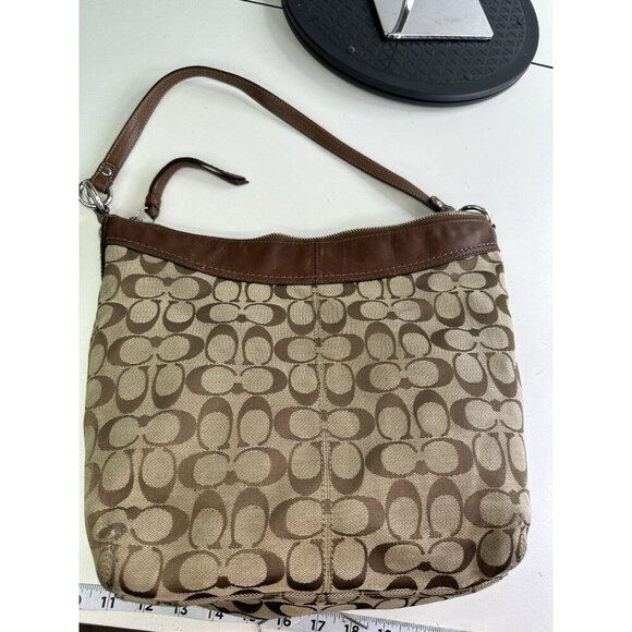WORN - COACH F13744 Brown Signature Ashley Shoulder Leather trim Hobo Bag - Picture 11 of 12